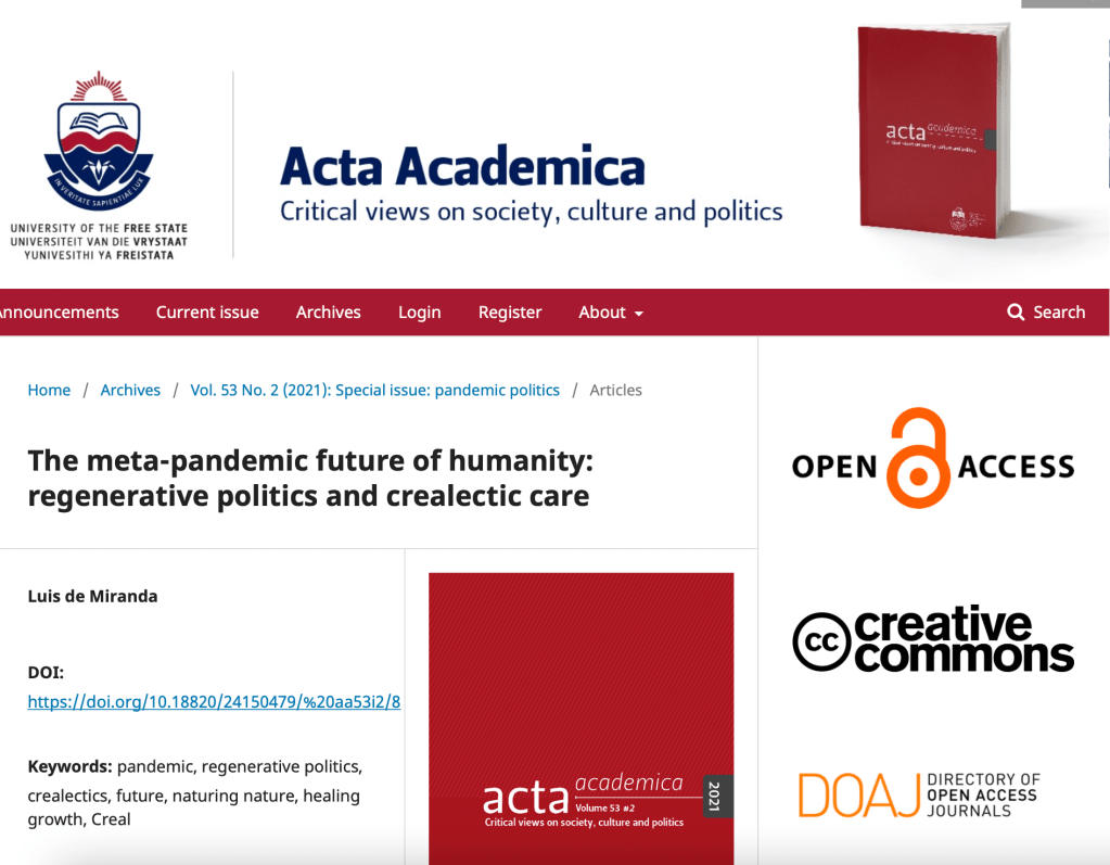 Publication: The healing-growth future of humanity: regenerative politics and crealectic&nbsp;care